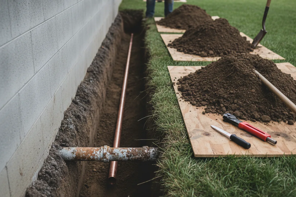 Excavated water line trench during Water Softener Installation in Marysville